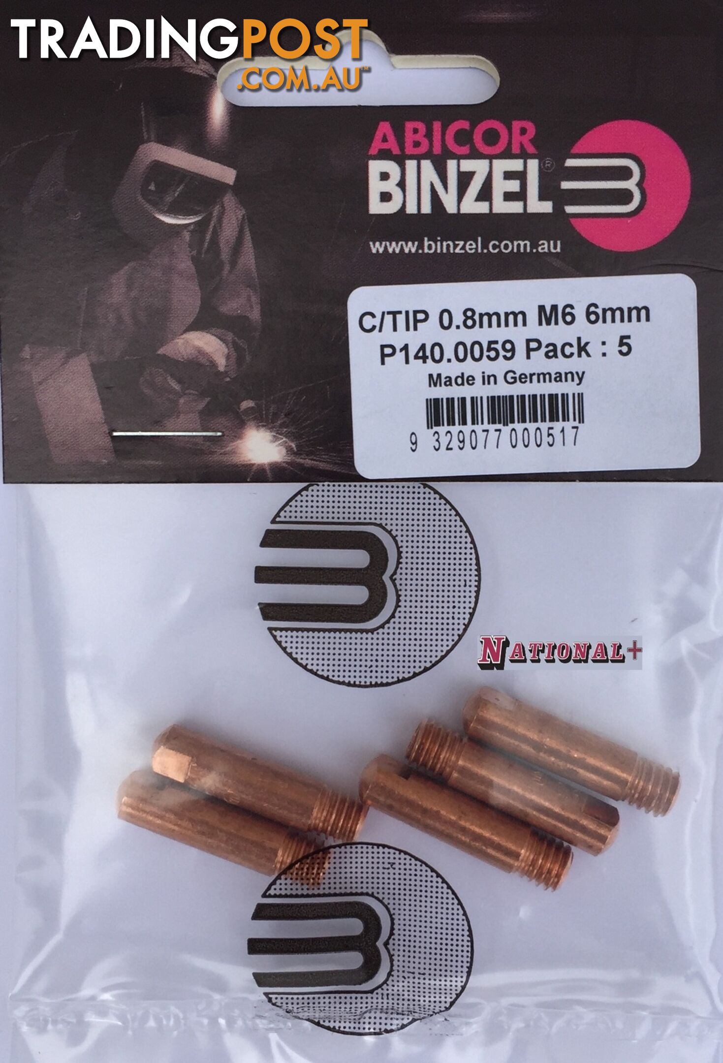 0.9mm Steel M6 6mm 25mm Binzel contact tip Pk:10 P140.0177