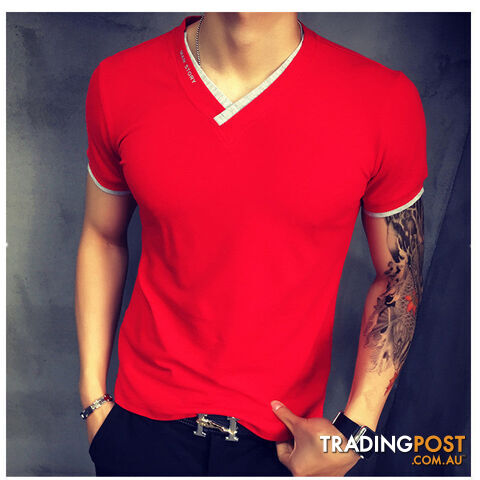 Custom Afterpay Red / Asia XXXL 72 to 80kgmen's short-sleeved V-neck Solid color T-shirt men short Large size t shirt homme M-3XL