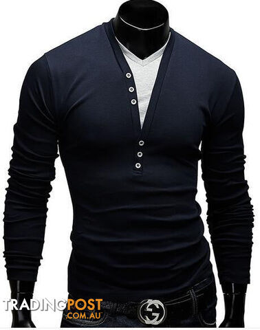 Custom Afterpay Navy / Asian Size XLT Shirt Men Brand Fashion Men'S Fake two Stitching Design Tops & Tees T Shirt Men Long Sleeve Slim T shirt Homme XXL