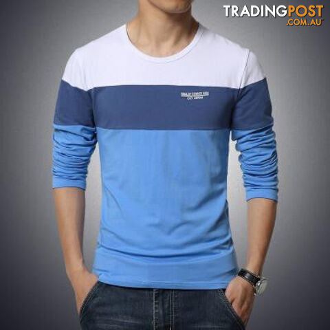 Custom Afterpay blue / XLsolid color stitching round neck long-sleeved sleeve Men's T-Shirt