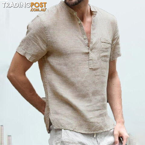 Custom Afterpay Khaki / EUR 3XL 100-110KGShort-Sleeved T-shirt Cotton and Linen Led Casual Shirt Male Breathable