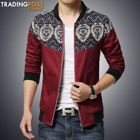 Custom Afterpay Wine Red / XLFashion Brand Jacket Men Trend Flower Sleeve Patchwork Slim Fit Mens Clothes Men Casual Jacket 5XL