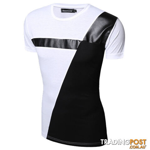 Custom Afterpay White 1 / XXLM-XXL PU Leather T Shirt Men High Splice short Sleeve T-Shirt Fashion Cotton Casual O-Neck hip hop Mens Tops Tee T103