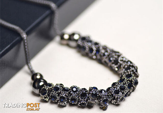 Custom Afterpay NL317 Blue crystal / ColorLuxury Imitation blue diomands rhinestone gem crystal peacock feather rope statement necklace fashion jewelry