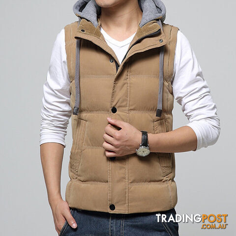 Custom Afterpay Khaki / MHigh Men Casual Vest Coat Hat Detachable Men Waistcoat Sleeveless Jacket Solid Outwear Vest Men 4 Colors