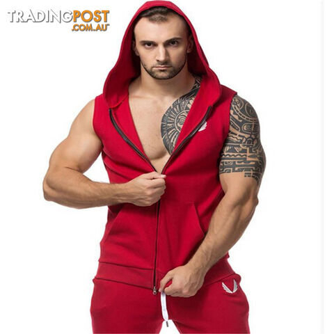 Custom Afterpay Red / LStretchy Sleeveless Shirt Casual Fashion Hooded Gyms Tank Top Men bodybuilding Fitness Clothing