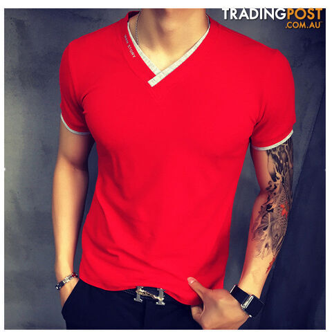 Custom Afterpay Red / Asia XXL 68 to 72kgmen's short-sleeved V-neck Solid color T-shirt men short Large size t shirt homme M-3XL
