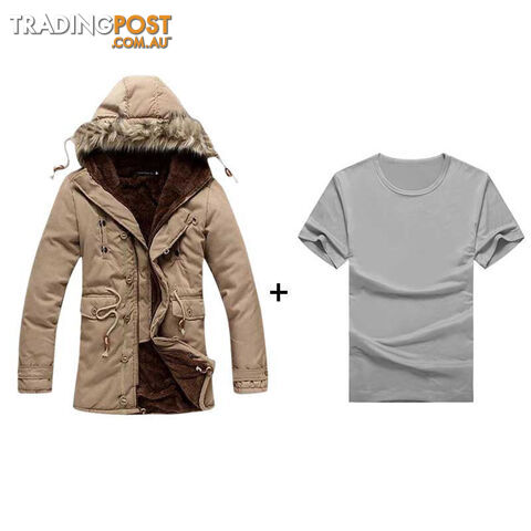 Custom Afterpay khaki plus t shirt / XXLMen Coat Men's Solid Causal Long Warm Coat Male Fashion Hooded Wear Thick Coat MWM060