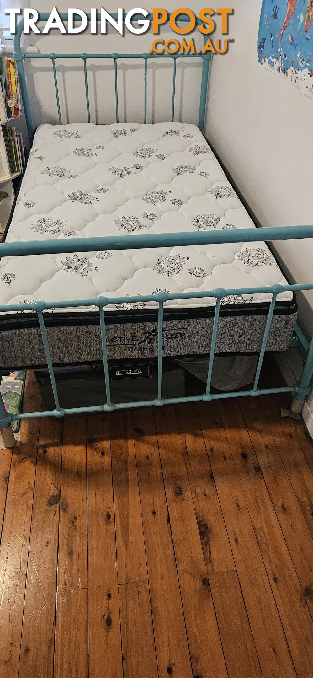 King Single Steel bed frame with a wooden slat base and Active Sleep Control King Single mattress