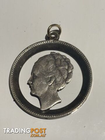 1923 antique Dutch Wilhelmina silver cut out coin pendant