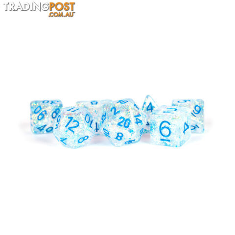 MDG Metallic Dice Games Clear Resin With Light Blue Numbers - 7 Polyhedral Dice Set - Metallic Dice Games LLC - Tabletop Accessory GTIN/EAN/UPC: 680599383854