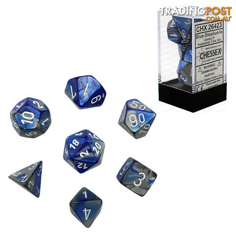 Chessex Gemini Polyhedral 7-Die Dice Set (Blue/Steel & White) - Chessex - Tabletop Accessory GTIN/EAN/UPC: 850365002122