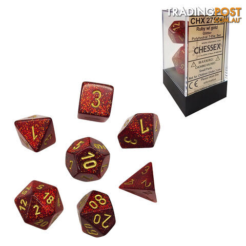 Chessex Glitter Polyhedral 7-Die Dice Set (Ruby & Gold) - Chessex CHX27504 - Tabletop Accessory GTIN/EAN/UPC: 601982025076