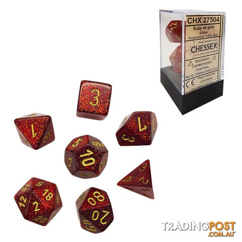 Chessex Glitter Polyhedral 7-Die Dice Set (Ruby & Gold) - Chessex CHX27504 - Tabletop Accessory GTIN/EAN/UPC: 601982025076