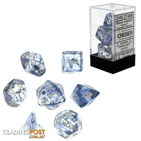 Chessex Nebula Polyhedral 7-Die Dice Set (Black/Clear & White) - Chessex - Tabletop Accessory GTIN/EAN/UPC: 601982024574