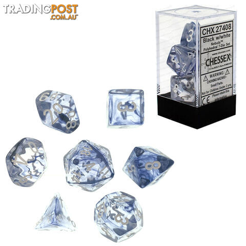 Chessex Nebula Polyhedral 7-Die Dice Set (Black/Clear & White) - Chessex - Tabletop Accessory GTIN/EAN/UPC: 601982024574