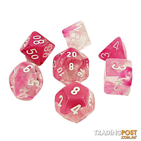 Chessex Gemini Polyhedral 7-Die Dice Set (Clear & Pink/White) - Chessex - Tabletop Accessory GTIN/EAN/UPC: 601982030261