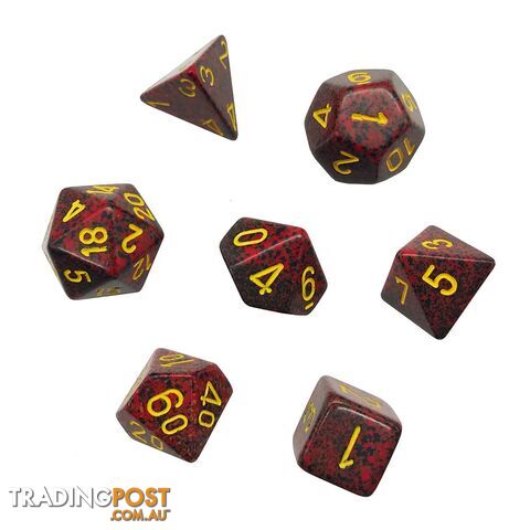 Chessex Mercury Speckled Polyhedral 7-Die Dice Set (Red & Black/Yellow) - Chessex CHX25323 - Tabletop Accessory GTIN/EAN/UPC: 601982021092 - photo 2 of 3
