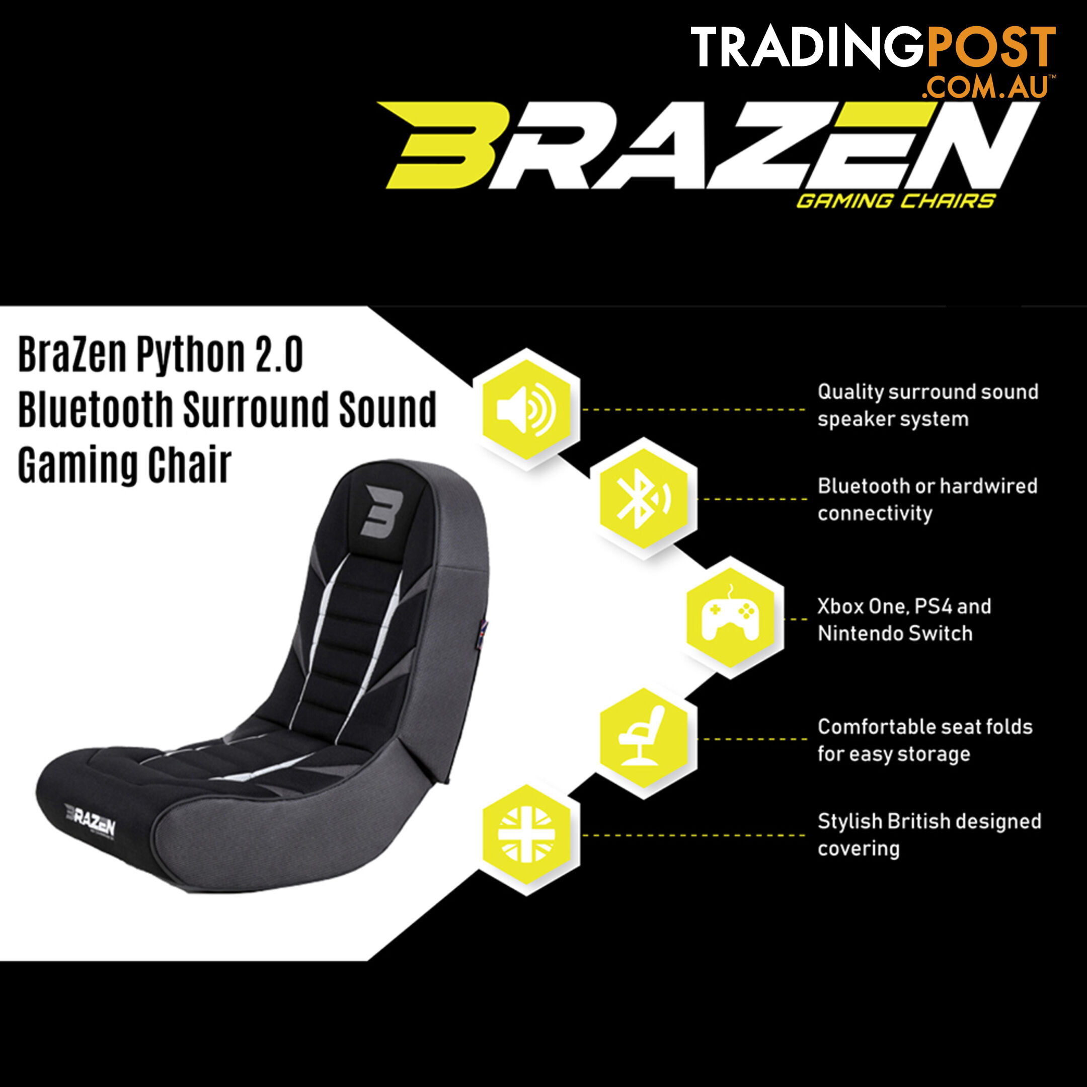 Brazen Python 2.0 Bluetooth Surround Sound Gaming Chair (Blue) - Brazen Gaming Chairs - Gaming Chair GTIN/EAN/UPC: 5060216442556