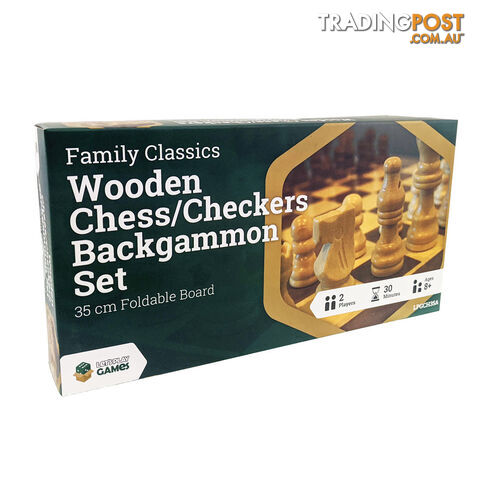 LPG Family Classics Wooden Chess, Checkers & Backgammon Board Game Set 35cm - Lets Play Distribution - Tabletop Board Game GTIN/EAN/UPC: 742033921968
