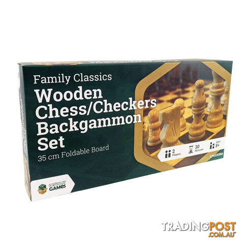 LPG Family Classics Wooden Chess, Checkers & Backgammon Board Game Set 35cm - Lets Play Distribution - Tabletop Board Game GTIN/EAN/UPC: 742033921968