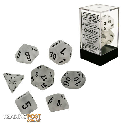 Chessex Frosted Polyhedral 7-Die Dice Set (Clear & Black) - Chessex CHX27401 - Tabletop Accessory GTIN/EAN/UPC: 601982024512