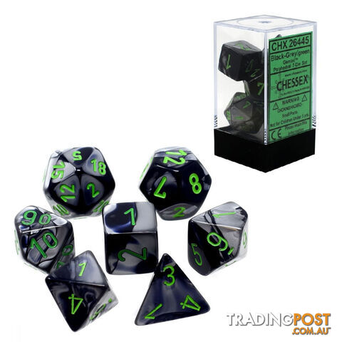 Chessex Gemini Polyhedral 7-Die Dice Set (Black & Grey/Green) - Chessex - Tabletop Accessory GTIN/EAN/UPC: 709619015039