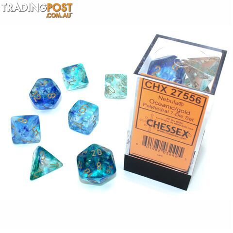 Chessex Nebula Luminary Polyhedral 7-Die Dice Set (Oceanic/Gold) - Chessex - Tabletop Accessory GTIN/EAN/UPC: 601982032425