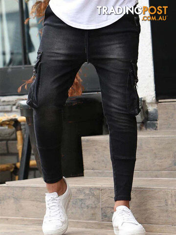 8820 Black / XL Waist 88cmZippay Men's Slim Fit Stretch Jeans Casual Fashion Multi Pocket Cargo Denim Pants High Street Men's Jeans Work Hip Hop Trousers