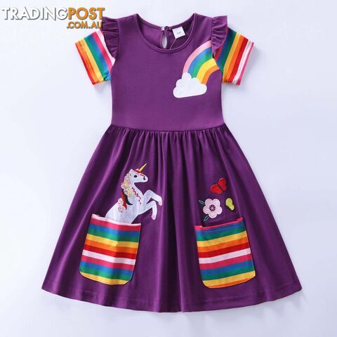 Purple / 3-4YZippay Girls Short Sleeve Unicorn Dress New Summer Embroidered Two Pockets Rainbow Sleeve