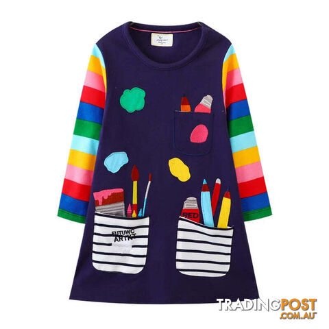 T7824 Navy / 4TZippay Children's School Dresses With Pockets Pen Embroidery Long Sleeve Autumn Kids Preppy Style Dress
