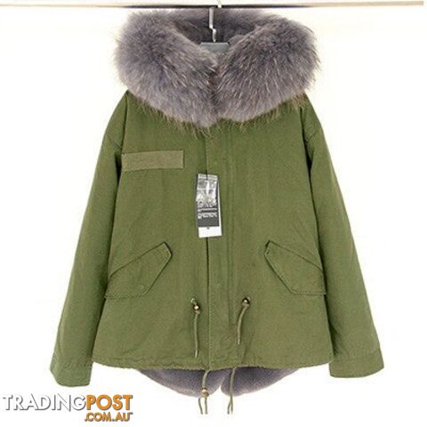 Green parka grey fur / SZippay Women Winter Army Green Jacket Coats Thick Parkas Plus Size Real Fur Collar Hooded Outwear