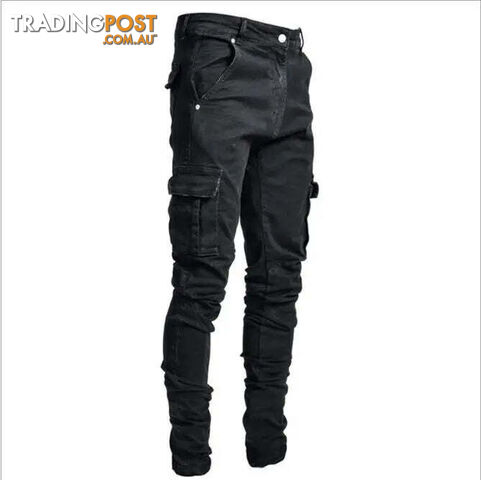L0066 Black / L Waist 84cmZippay Men's Slim Fit Stretch Jeans Casual Fashion Multi Pocket Cargo Denim Pants High Street Men's Jeans Work Hip Hop Trousers