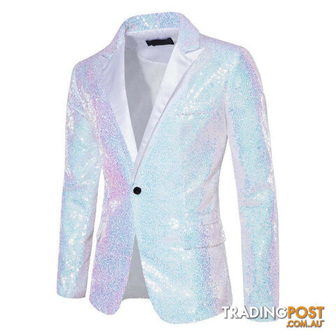 X36 White / US Size MZippay Shiny White Sequin Glitter Blazer for Men One Button Peak Collar Tuxedo Jacket Mens Wedding Groom Party Prom Stage