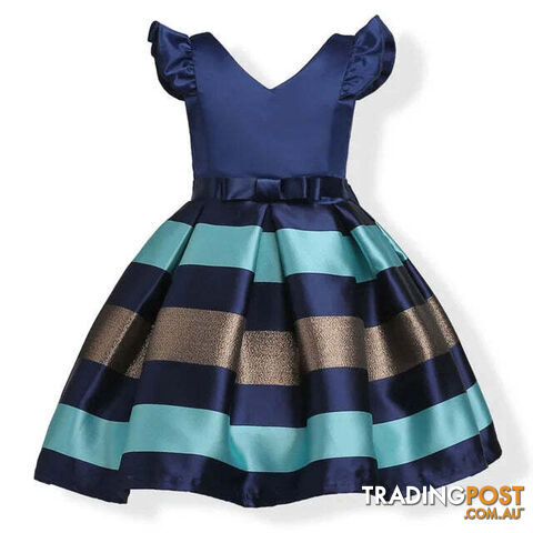 Navy / 4TZippay Girls Striped Flying Sleeve Bow Knot Colored Dress Birthday Party Wedding Flower
