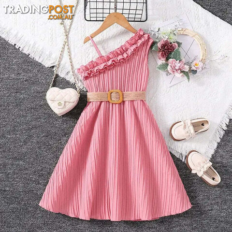 10Y / PinkZippay Kids Dress Girls Frill-Trim Asymmetrical Straps A-line Dress Summer Vacation