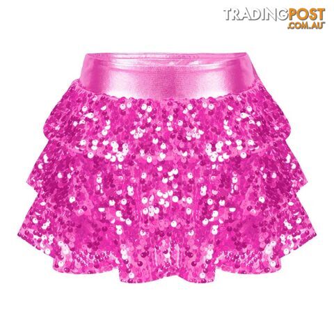 Hot Pink / 10Zippay Kids Girls Shiny Sequins Tiered Ruffle Skirted Shorts Metallic Culottes for Latin Jazz Modern Dancing Stage Performance Costume