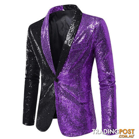 X22 Black Purple / US Size XXLZippay Shiny White Sequin Glitter Blazer for Men One Button Peak Collar Tuxedo Jacket Mens Wedding Groom Party Prom Stage