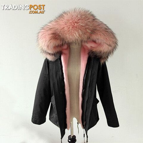 Black parka pink fur / LZippay Women Winter Army Green Jacket Coats Thick Parkas Plus Size Real Fur Collar Hooded Outwear