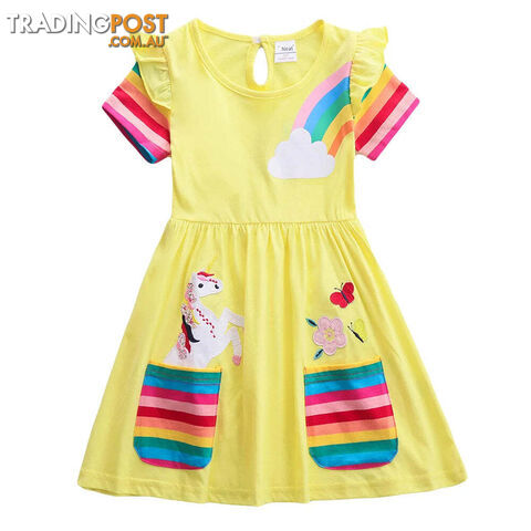 Yellow / 6-7YZippay Girls Short Sleeve Unicorn Dress New Summer Embroidered Two Pockets Rainbow Sleeve