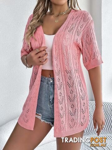 Pink / XLZippay Casual Solid Color Hollow Out Knitted Cardigan Sun Proof Tops for Women
