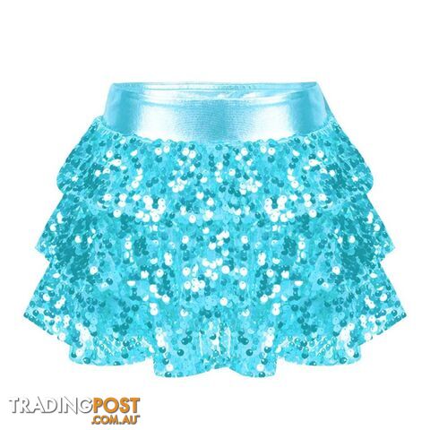 Light Blue / 10Zippay Kids Girls Shiny Sequins Tiered Ruffle Skirted Shorts Metallic Culottes for Latin Jazz Modern Dancing Stage Performance Costume