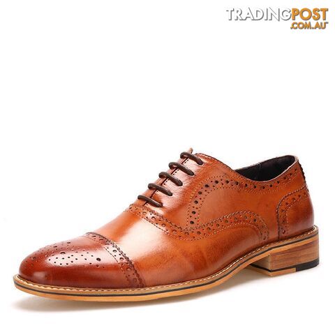 Brown / 9Zippay High Quality Men Oxfords Shoes British Style Carved Genuine Leather Shoe Brown Brogue Shoes Lace-Up Bullock Business Men's Flats