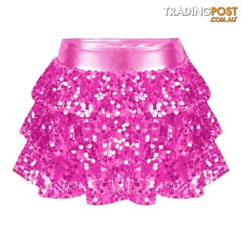 Hot Pink / 14Zippay Kids Girls Shiny Sequins Tiered Ruffle Skirted Shorts Metallic Culottes for Latin Jazz Modern Dancing Stage Performance Costume