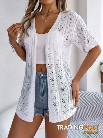 WHITE / LZippay Casual Solid Color Hollow Out Knitted Cardigan Sun Proof Tops for Women
