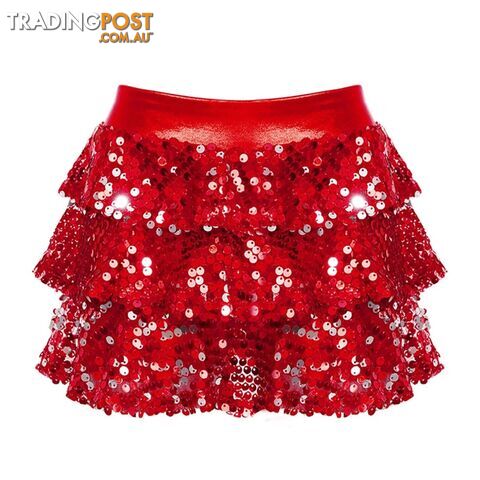 Red / 12Zippay Kids Girls Shiny Sequins Tiered Ruffle Skirted Shorts Metallic Culottes for Latin Jazz Modern Dancing Stage Performance Costume