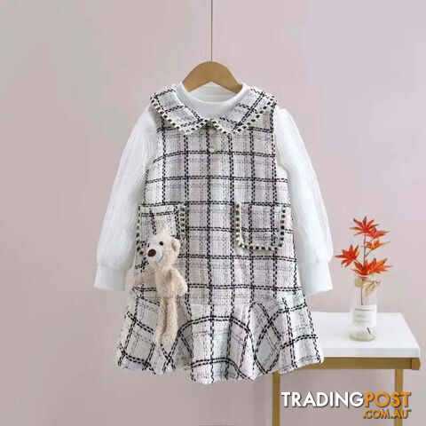 Beige / 4TZippay Baby Girls winter Princess Patchwork Dress Kids Bowtie Casual Outfits Baby Lovely Suits