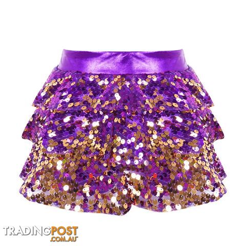 Purple / 4Zippay Kids Girls Shiny Sequins Tiered Ruffle Skirted Shorts Metallic Culottes for Latin Jazz Modern Dancing Stage Performance Costume