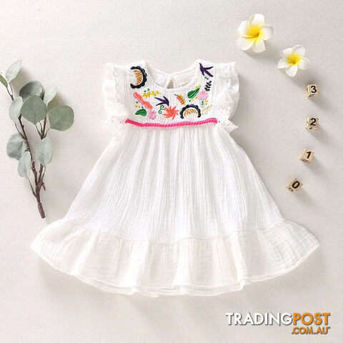 White / 100 (2-3Y)Zippay Infant Baby Girls Cotton Linen Dresses Pleated Short Sleeve Delicate Embroidery Swing White Dress Summer Leisure Dress