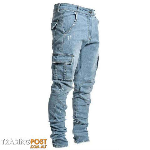 L0066 Blue / L Waist 84cmZippay Men's Slim Fit Stretch Jeans Casual Fashion Multi Pocket Cargo Denim Pants High Street Men's Jeans Work Hip Hop Trousers